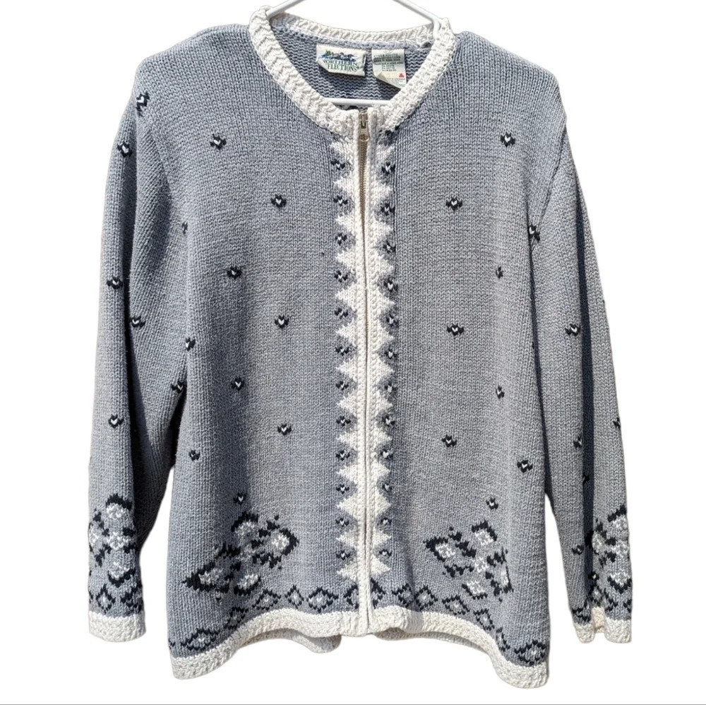 Vintage Northern Reflections Knit Cardigan Zip Up Sweater Grey White Black Small